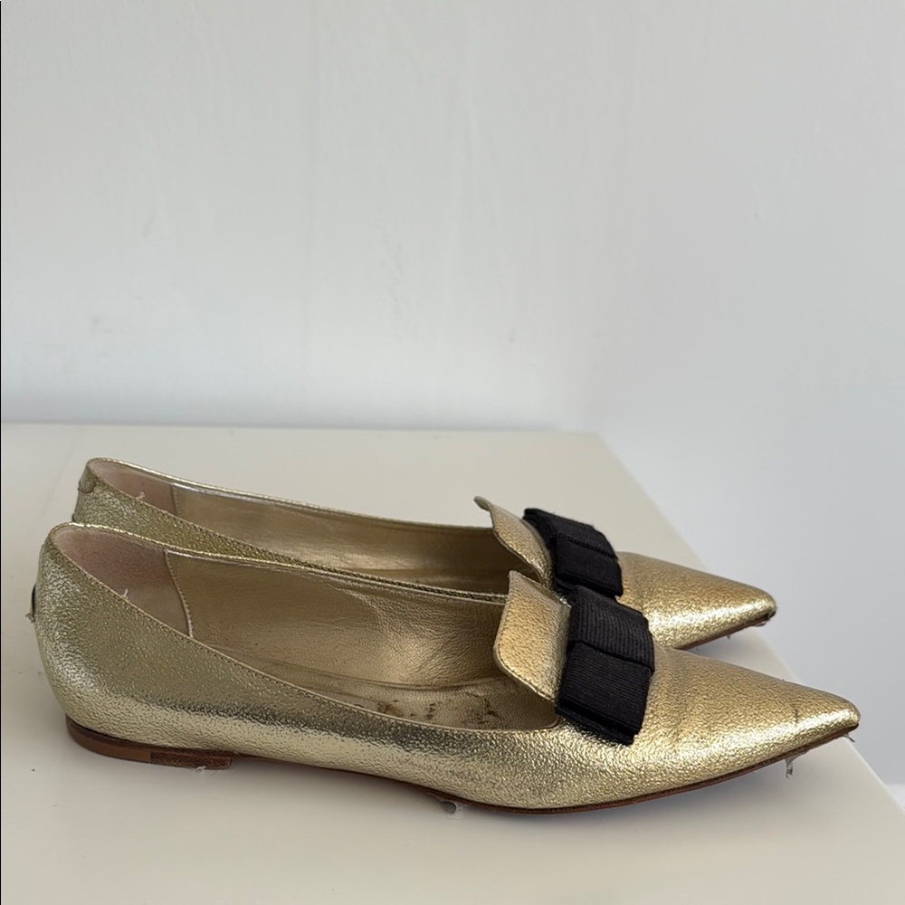 Gold Pointed Toe Flats with Black Bow